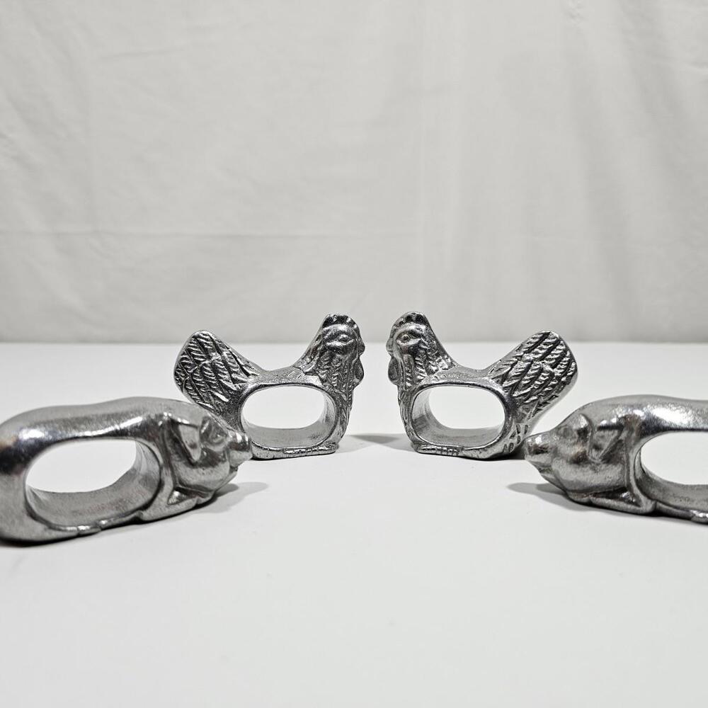 Set Of 4 Vintage pewter? animal napkin rings Stafford Pig and Chicken Table